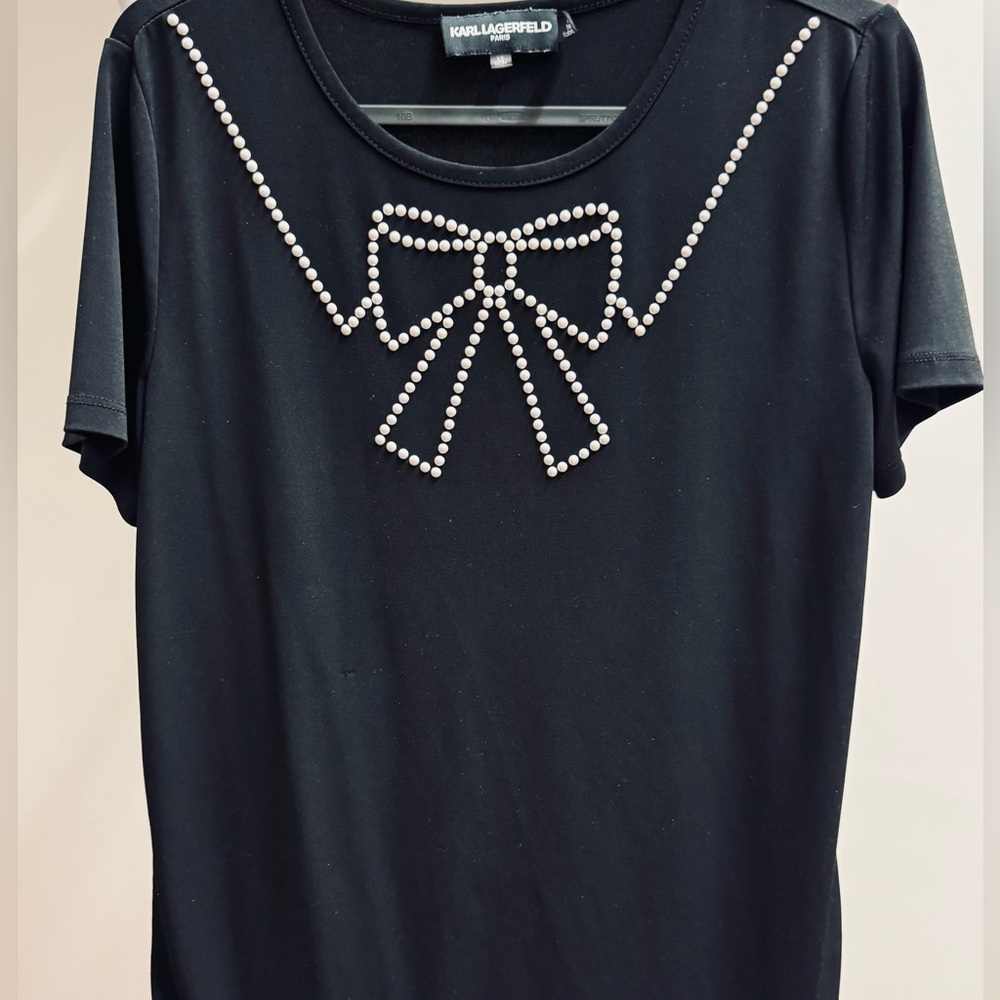 Karl Lagerfeld Black Short Sleeve Top with Pearl Bow Detail